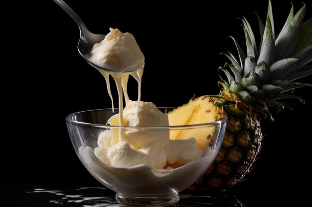 Pineapple with a slice cut out to hold a scoop of yogurt