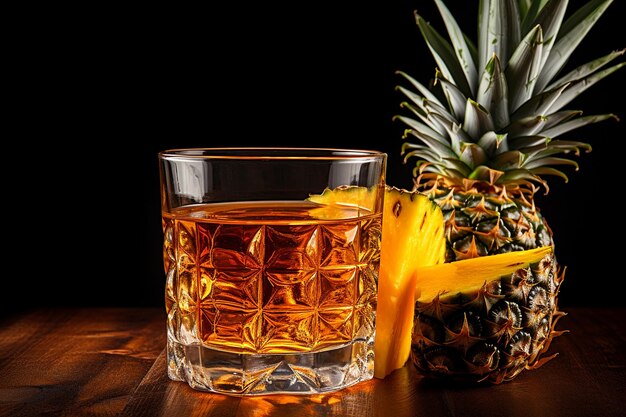 Pineapple with a slice cut out to hold a shot glass of whiskey