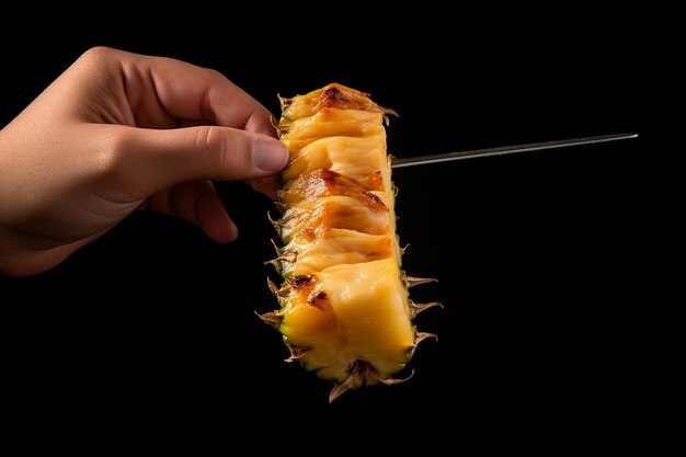 Pineapple with a slice cut out to hold a skewer of chicken