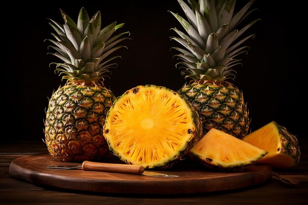 Pineapple with a slice cut out to hold a skewer of fruit