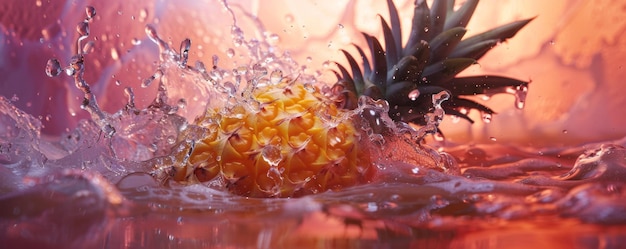 Pineapple with splashing water against a colorful backdrop