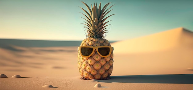 Pineapple with sunglasses on the beach summer Generative AI