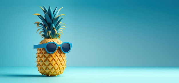 青色の背景にサングラスをかけたパイナップル夏休みのコンセプト生成 AI
