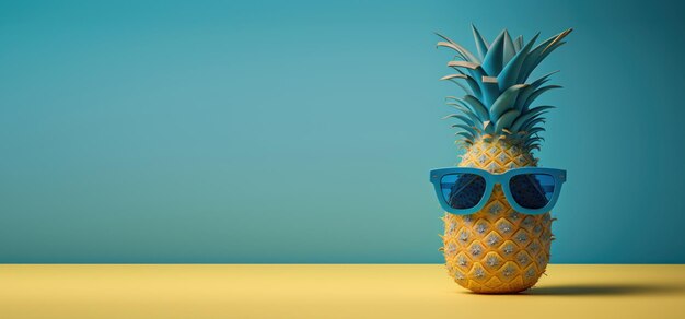 Pineapple with sunglasses on blue background Summer vacation concept Generative AI