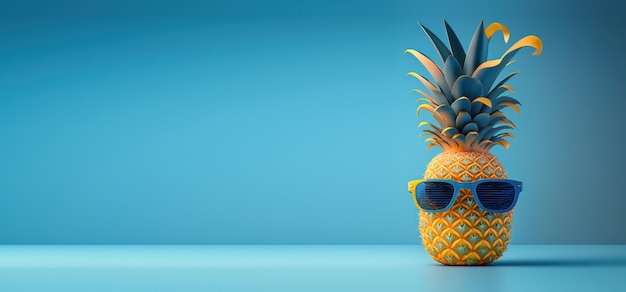 Pineapple with sunglasses on blue background Summer vacation concept Generative AI