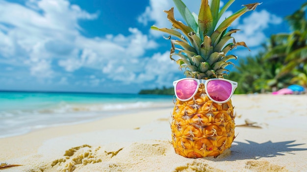 A pineapple with sunglasses on it is on a beach