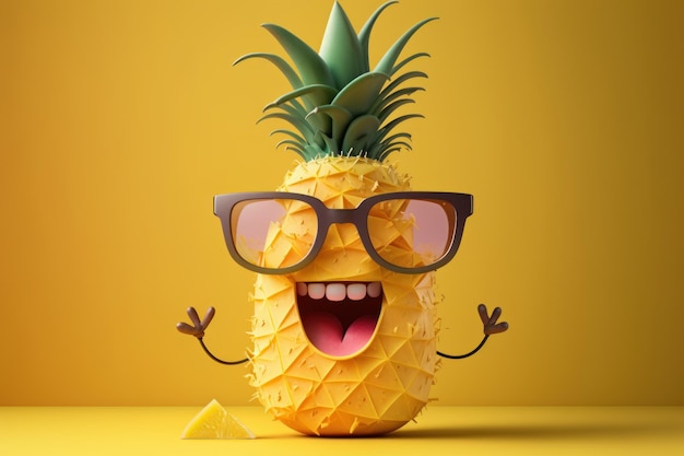 写真 黄色の背景にサングラスをかけたパイナップル夏休みのコンセプト生成 ai