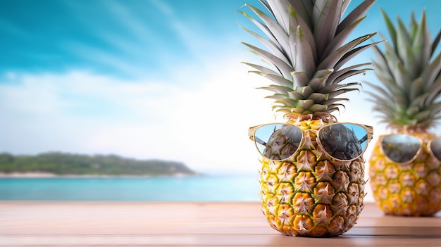 A pineapple with sunglasses on on a table with a beach in the background