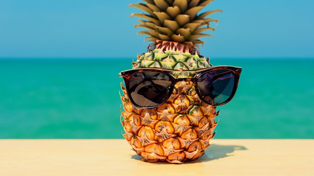 Photo pineapple with sunglasses on tropical sea summer background