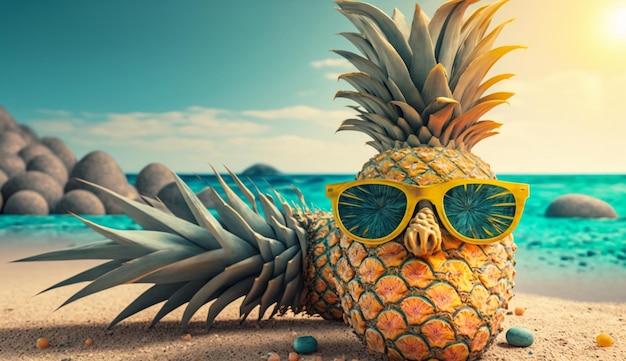 Pineapple with sunglasses on tropical sea summer backgroundGenerative AI