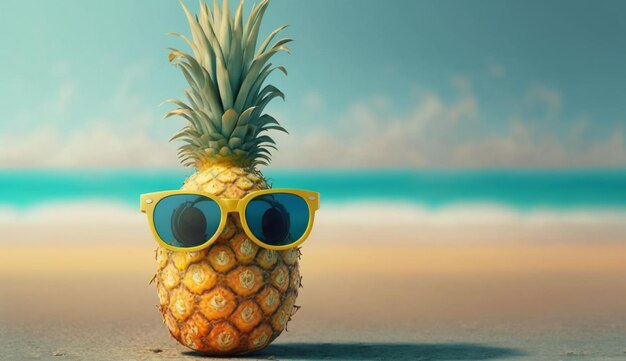 Pineapple with sunglasses on tropical sea summer backgroundGenerative AI