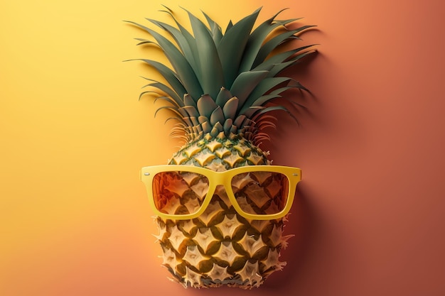 Ananas con occhiali da sole su sfondo giallo concetto di vacanza estiva ia generativa