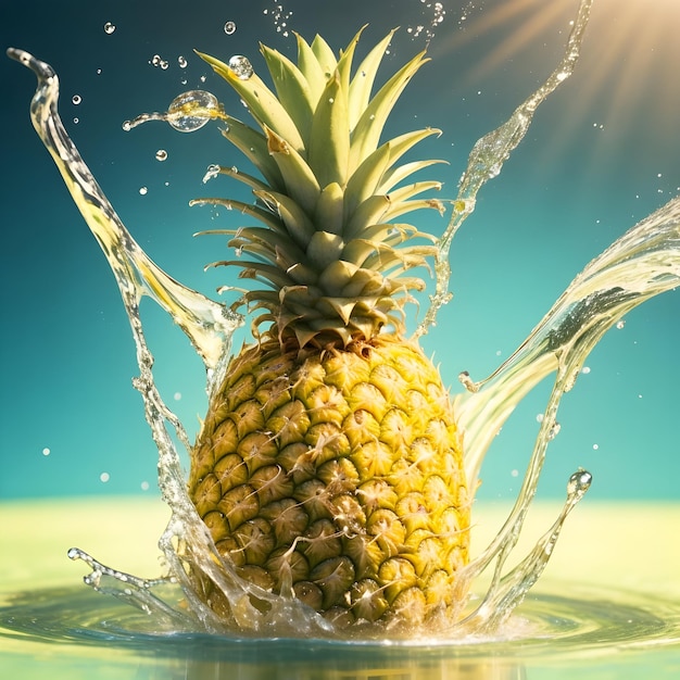 A pineapple with water drops with a splash