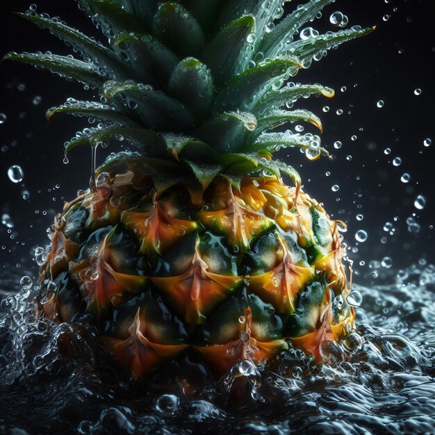 Pineapple with water splash on dark background Tropical concept