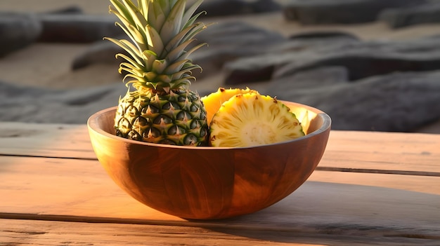 Pineapple on wooden bowl Generative AI Technology