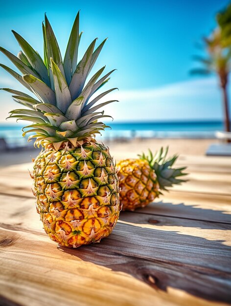 Pineapple on the wooden table with beach background