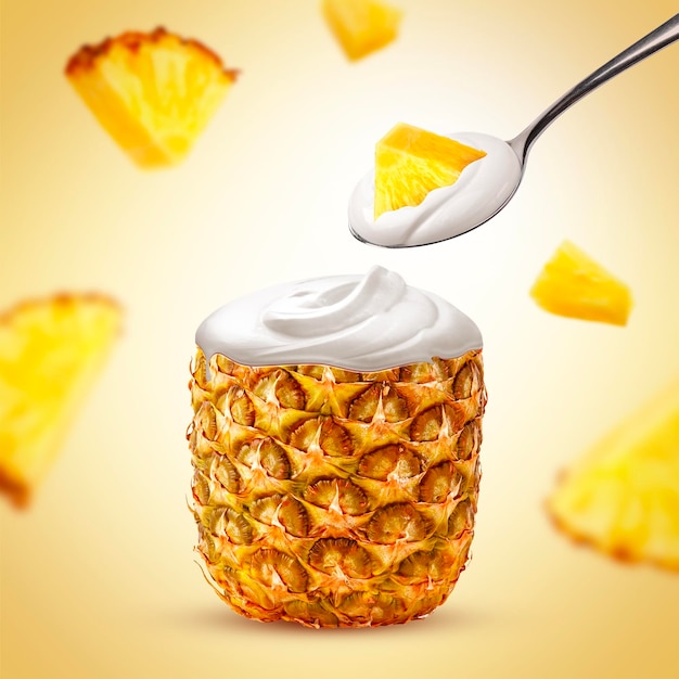 Pineapple yoghurt ads a spoon of creamy Pineapple yogurt isolated creative poster