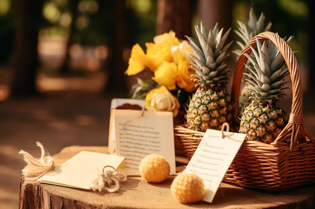 Photo pineapples arranged in a basket with a handwritten congratulatory card