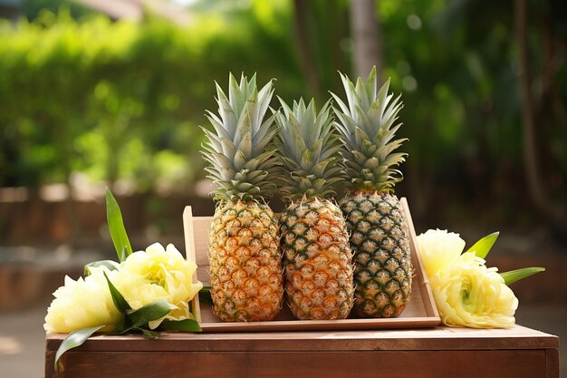 Photo pineapples arranged in a basket with a handwritten congratulatory card