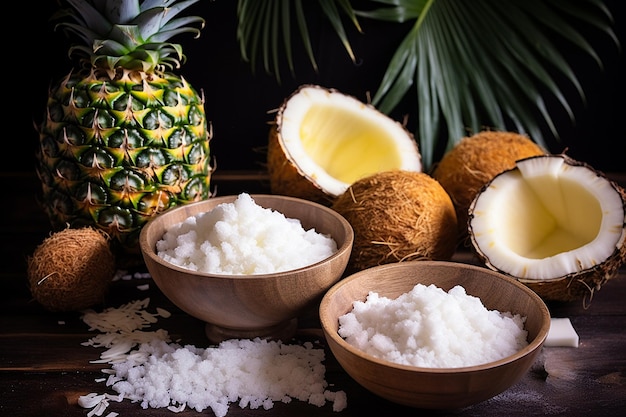 Ананасы в миске с кокосовыми хлопьями и гранолой