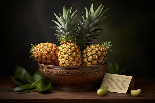 Photo pineapples arranged in a fruit basket with a handwritten recipe card