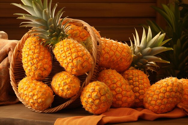 Photo pineapples arranged in a fruit basket with a handwritten recipe card