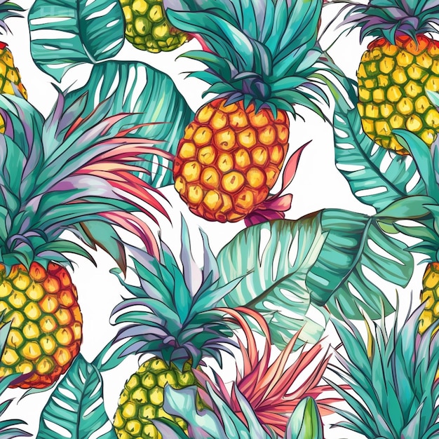 Pineapples on the background of tropical leaves