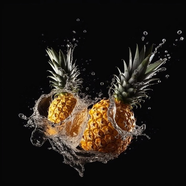 Photo pineapples splashes of water generative ai