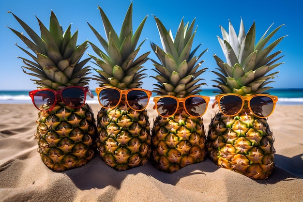 Pineapples in sunglasses on a beach