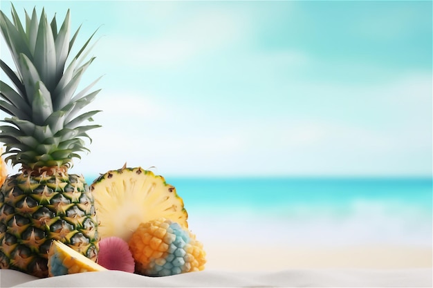 Pineapples tropical fruit background of beach blue sea showing Summer concept copy space