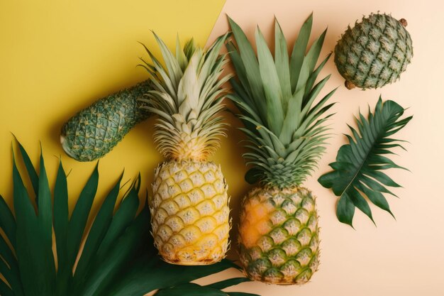 Pineapples and tropical palm leaves on a bright pastel Illustration AI Generative