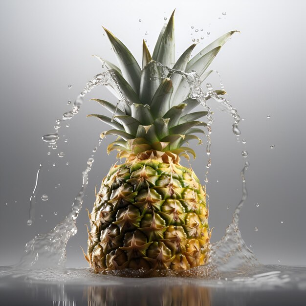 Photo pineapples in water with splashes and drops on gray background ai generated