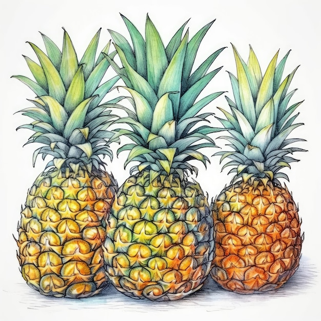 Pineapples in watercolor style with ink outline on white background generative AI