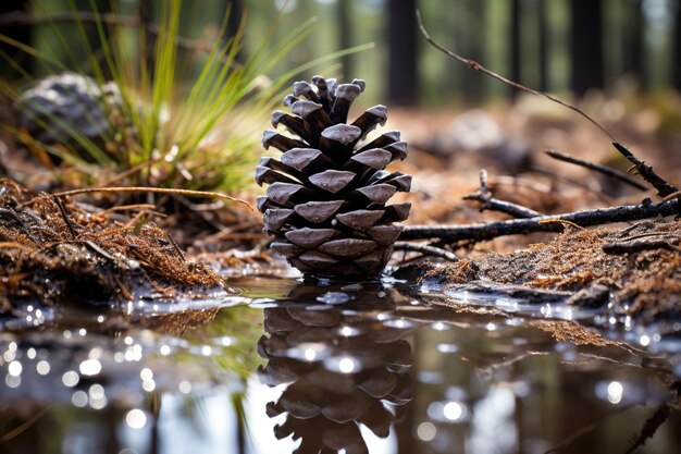 Photo pinecone in the forest generative ai