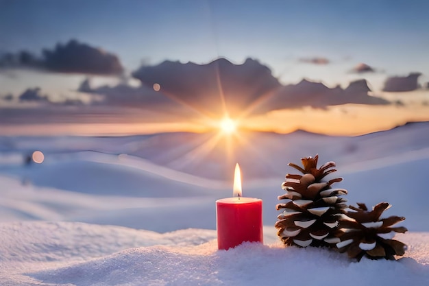 Photo pinecones on fake snow and canddles