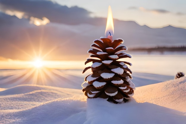 Pinecones on fake snow and canddles