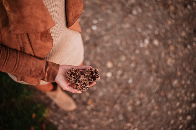 Pinecones in woman's hand.