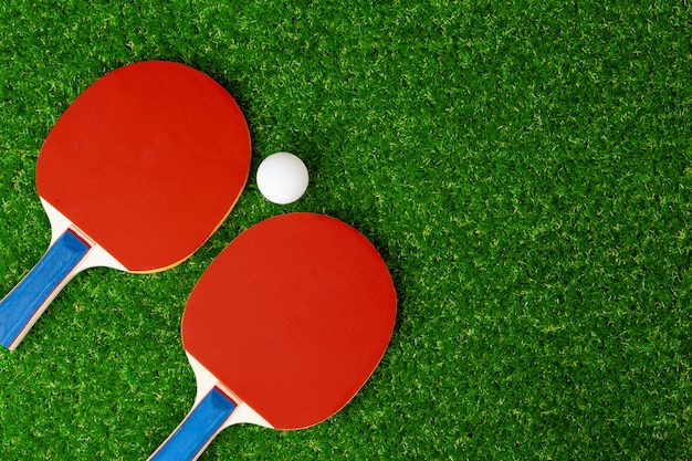 Ping pong rackets and ball on grass