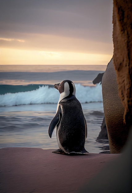 Pinguïn die naar zee staart alsof hij in gedachten verzonken is generatieve ai