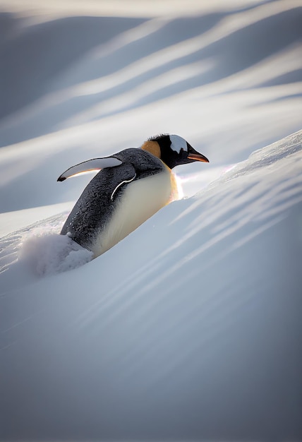 Pinguïn glijdend op zijn buik van een besneeuwde heuvel generatieve ai