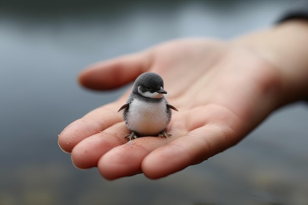 Pinguïn, het kleinste dier ter wereld, staat op menselijke hand illustratie generatieve ai