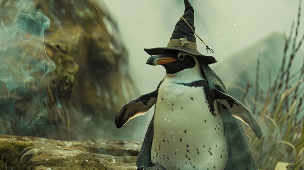 Pinguïn in een tovenaar kostuum tovenaar middeleeuwse thema kegel hoed mascotte surrealisme close-up cartoon stijl magie hekserij Wild dier in menselijke kleding concept Generatief door AI
