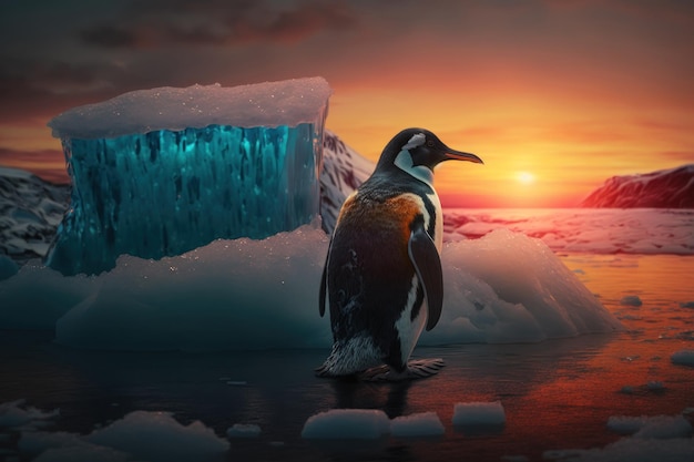 Pinguïn in poolgebieden op zonsondergangachtergrond Generatieve AI