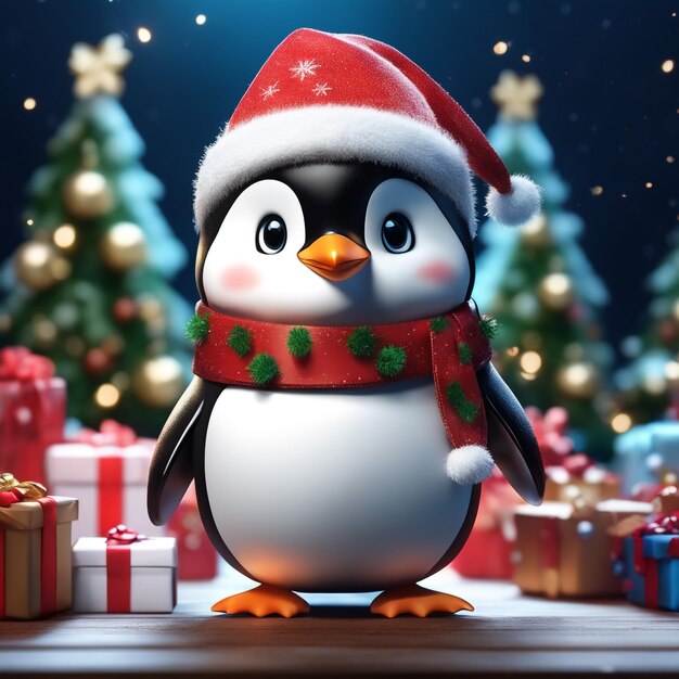 Pinguïn kerst karakter schattige pinguïn in kerst landschap donkere modus pinguïn achtergrond