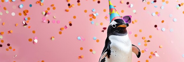 Pinguïn met feesthoed en zonnebril op roze achtergrond met confetti