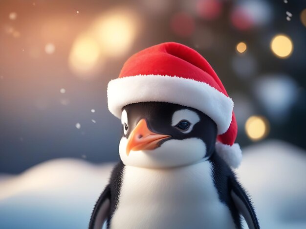 Pinguïn met kerstmanhoed in de sneeuw