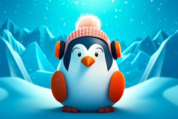 Pinguïn met koptelefoon en hoed met sneeuw op de achtergrond Generatieve AI