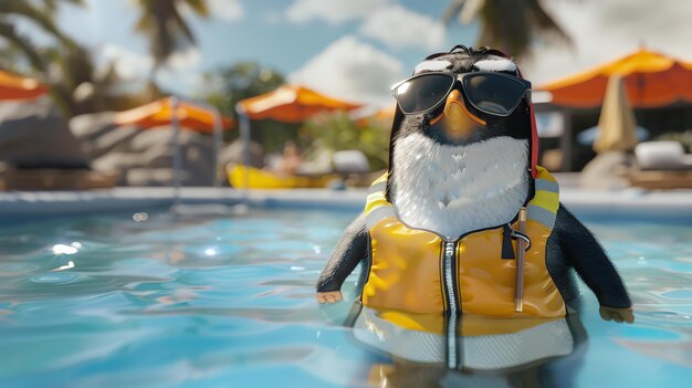 Foto pinguïn met zonnebril en reddingsvest ontspannen in een zwembad