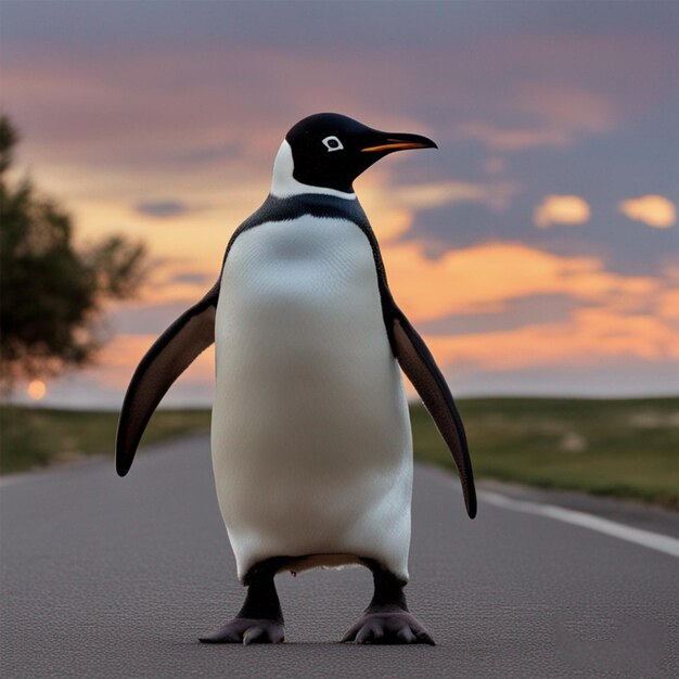 Pinguïn op pad met fantasie fotobehang met uitzicht op de zonsondergang