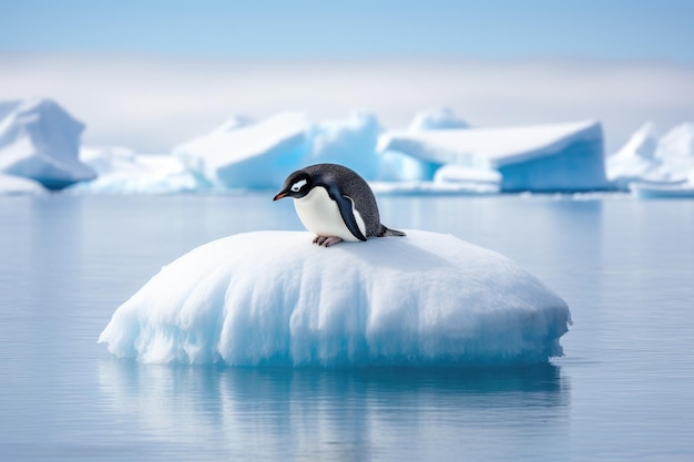 Pinguïn zit op een ijsberg in de arctische Antarctische wateren Een eenzame pinguïn op een smeltende ijsvloer die klimaatverandering en opwarming van de aarde vertegenwoordigt